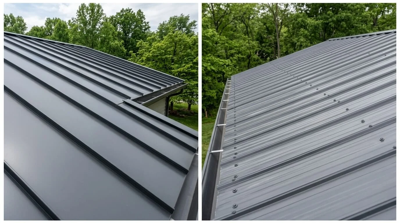 Side-by-side photos of a standing seam metal roof with hidden fasteners and a screw-down metal roof with exposed screws on Maryland homes.