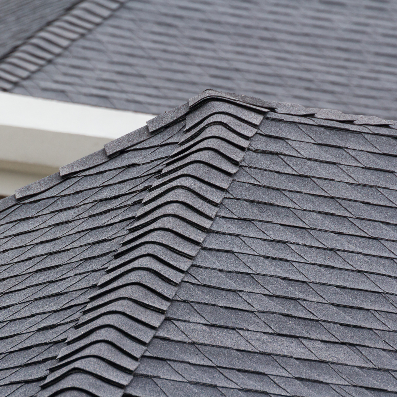 Close-up view of hip and ridge roofing shingles