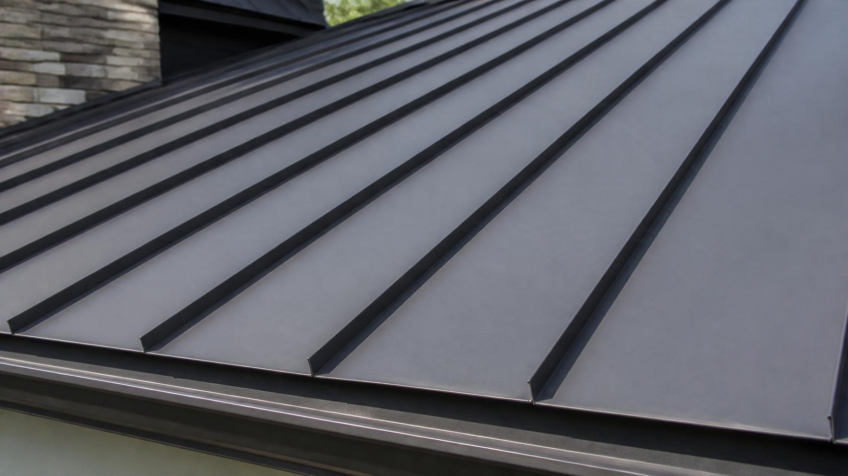 Close-up of standing seam metal roof panels with raised seams on a Maryland home.