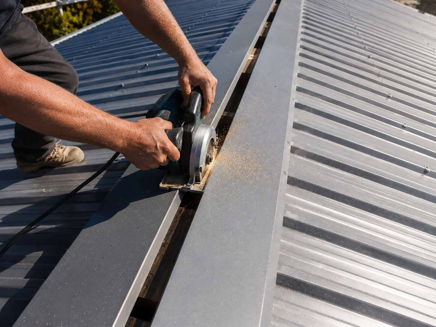 Installation process showing a precision-cut ridge slot on a corrugated metal roof.