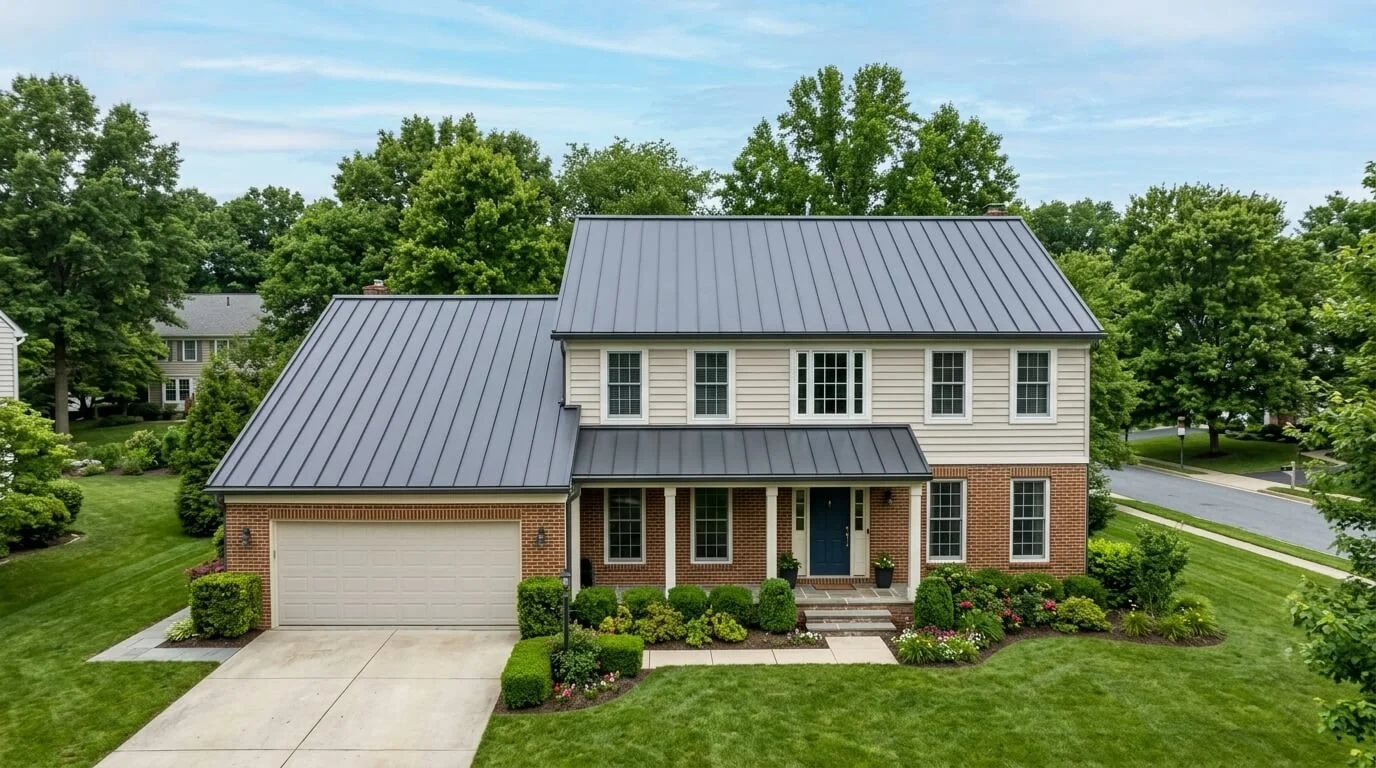 Two-story brick and siding Maryland home with a charcoal gray standing seam metal roof.