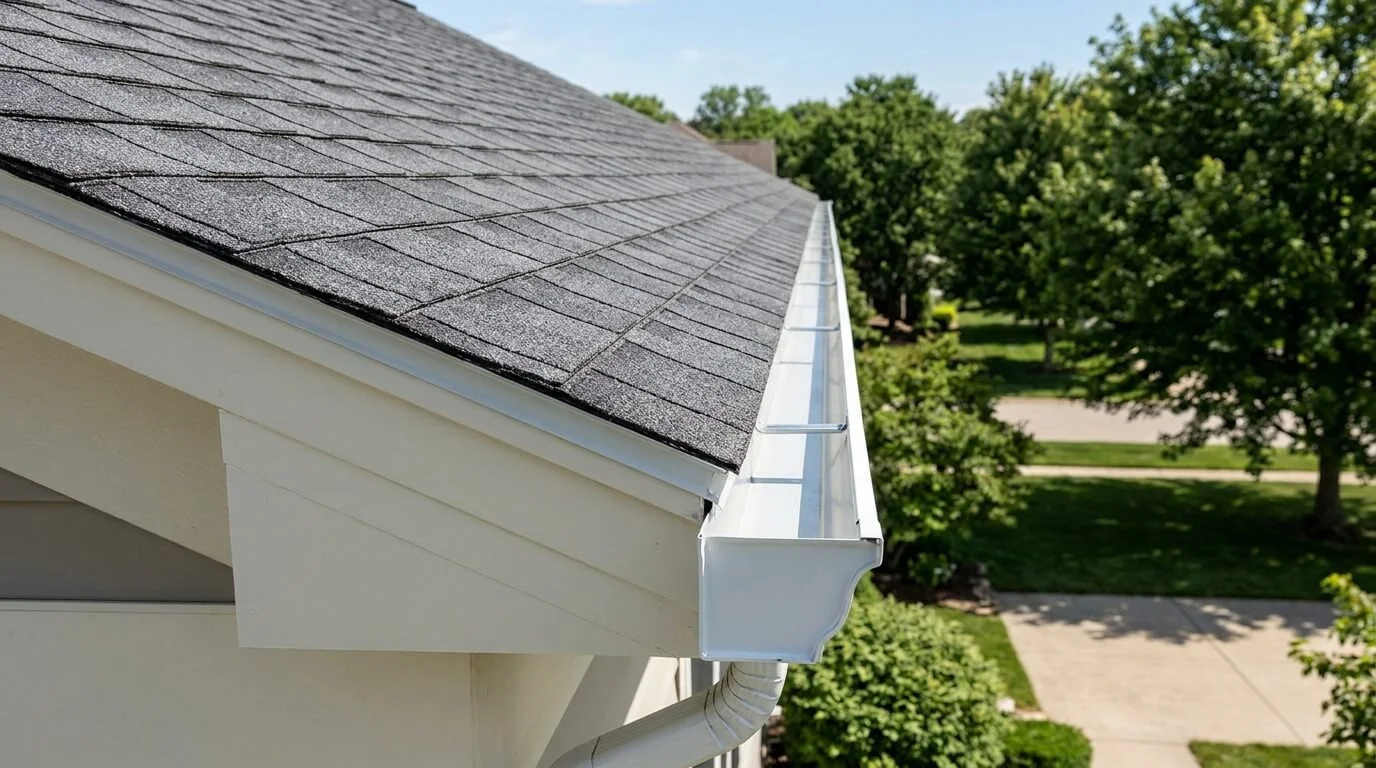 Clean asphalt shingles and a clean white rain gutter on a Maryland home.