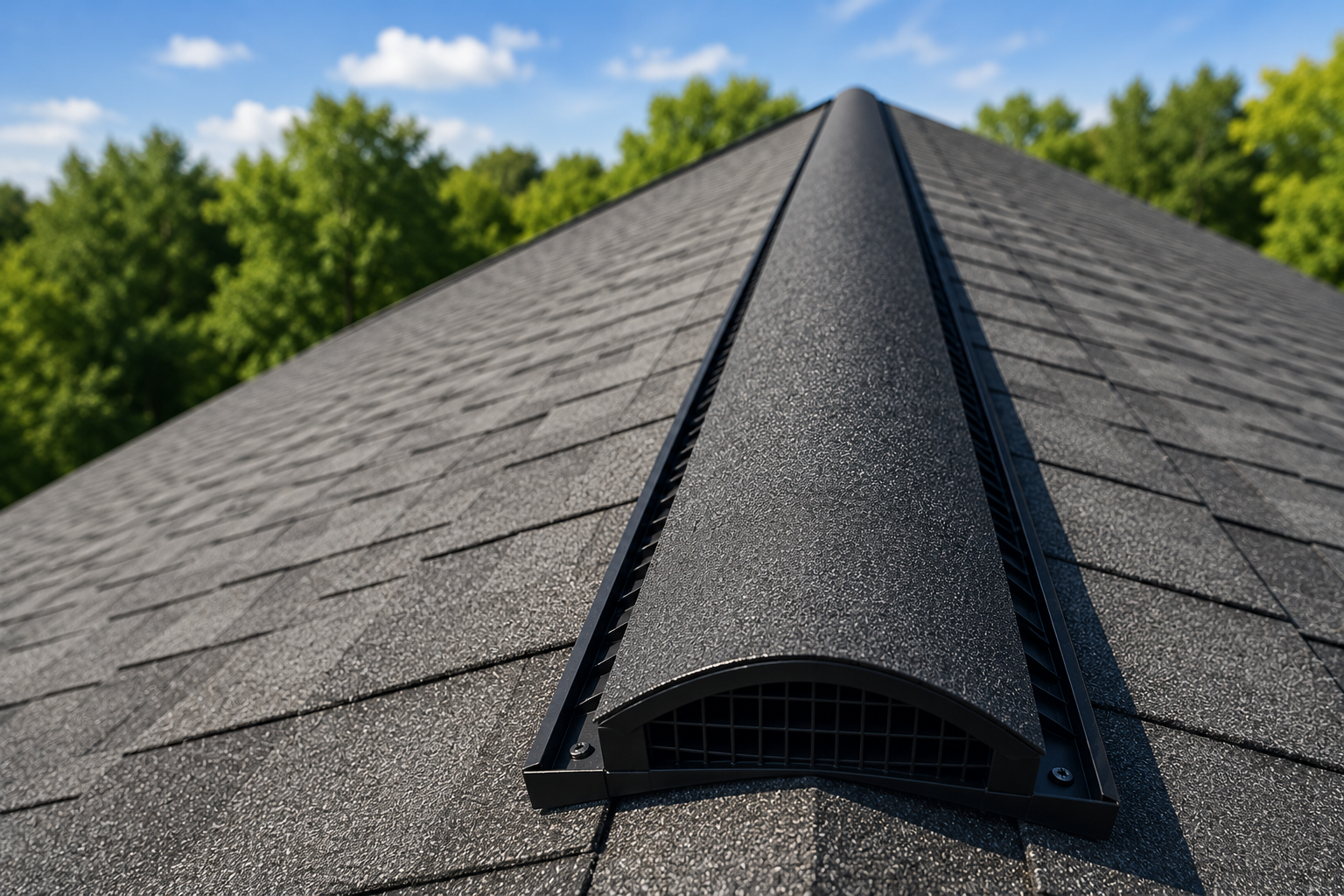 Ridge vent installed along the peak of an asphalt shingle roof