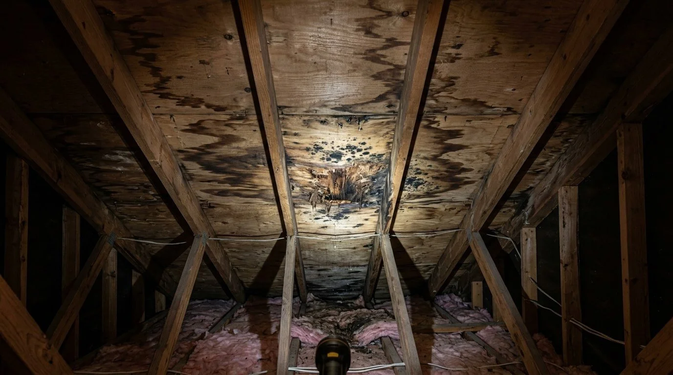 Water stains, rot and mold on the underside of the roof decking inside a Maryland attic.