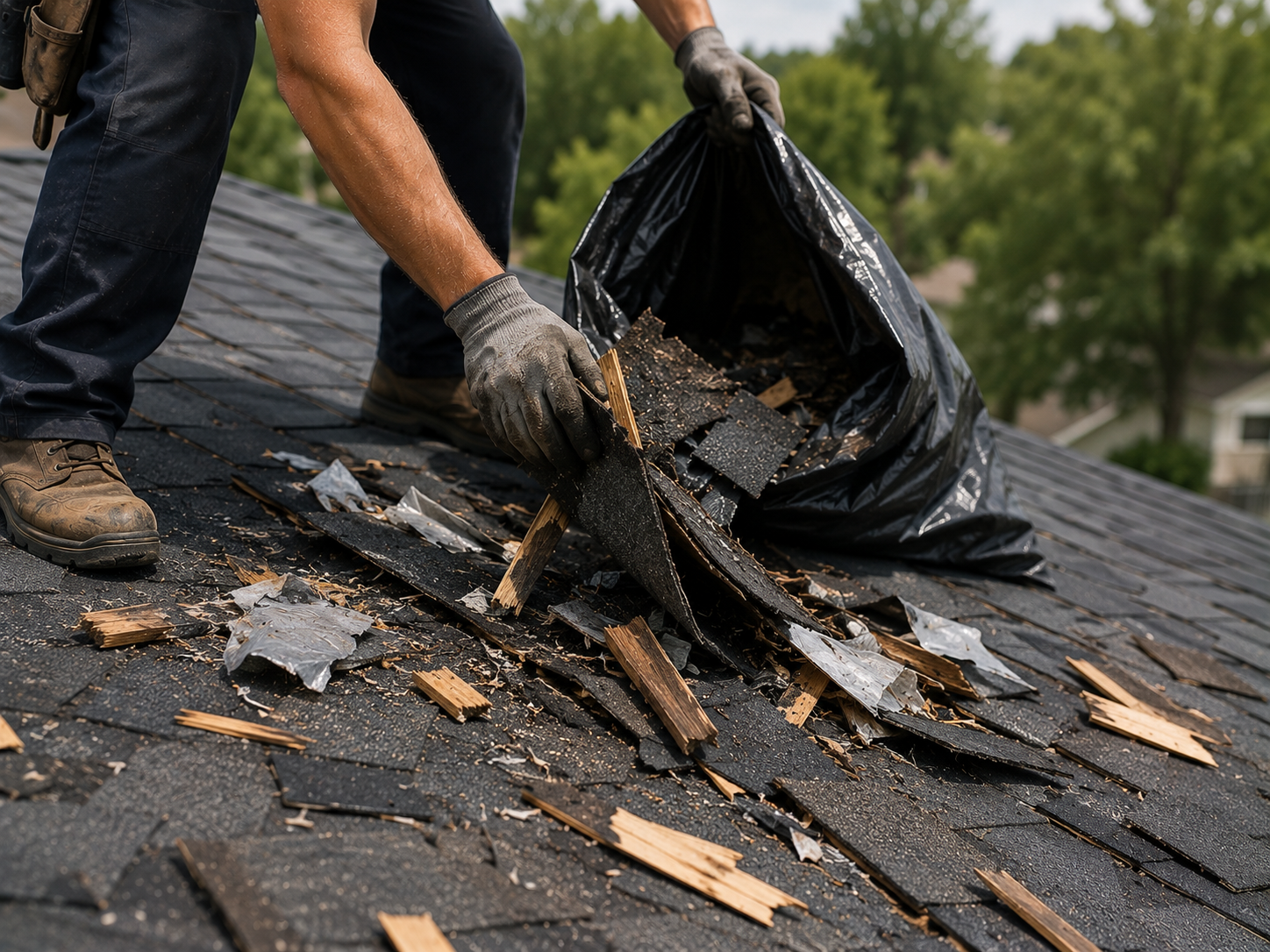 Post-installation roof clean-up showing old shingles, wood pieces, plastic wrappers, and loose nails being cleared.