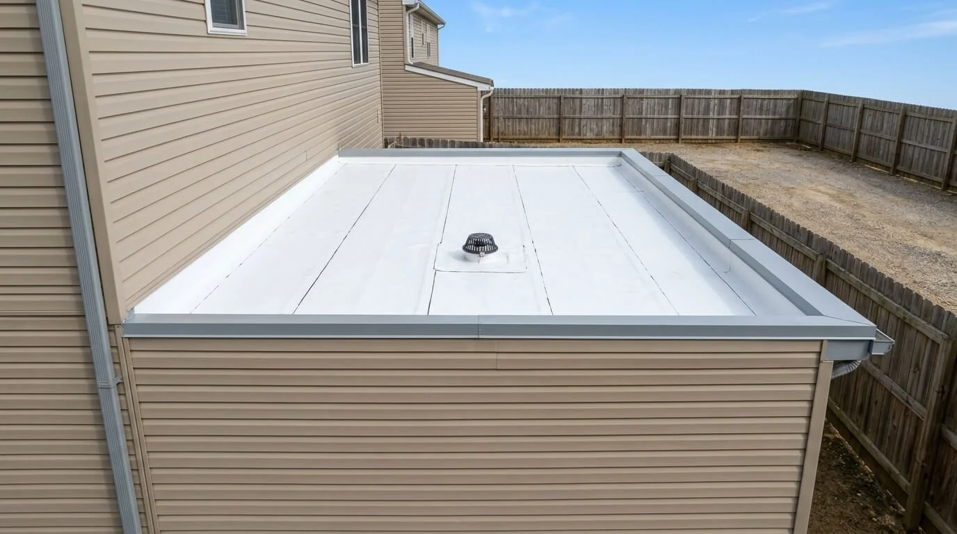 White TPO membrane flat roof with welded seams and a round roof drain over a rear addition on a Maryland home.