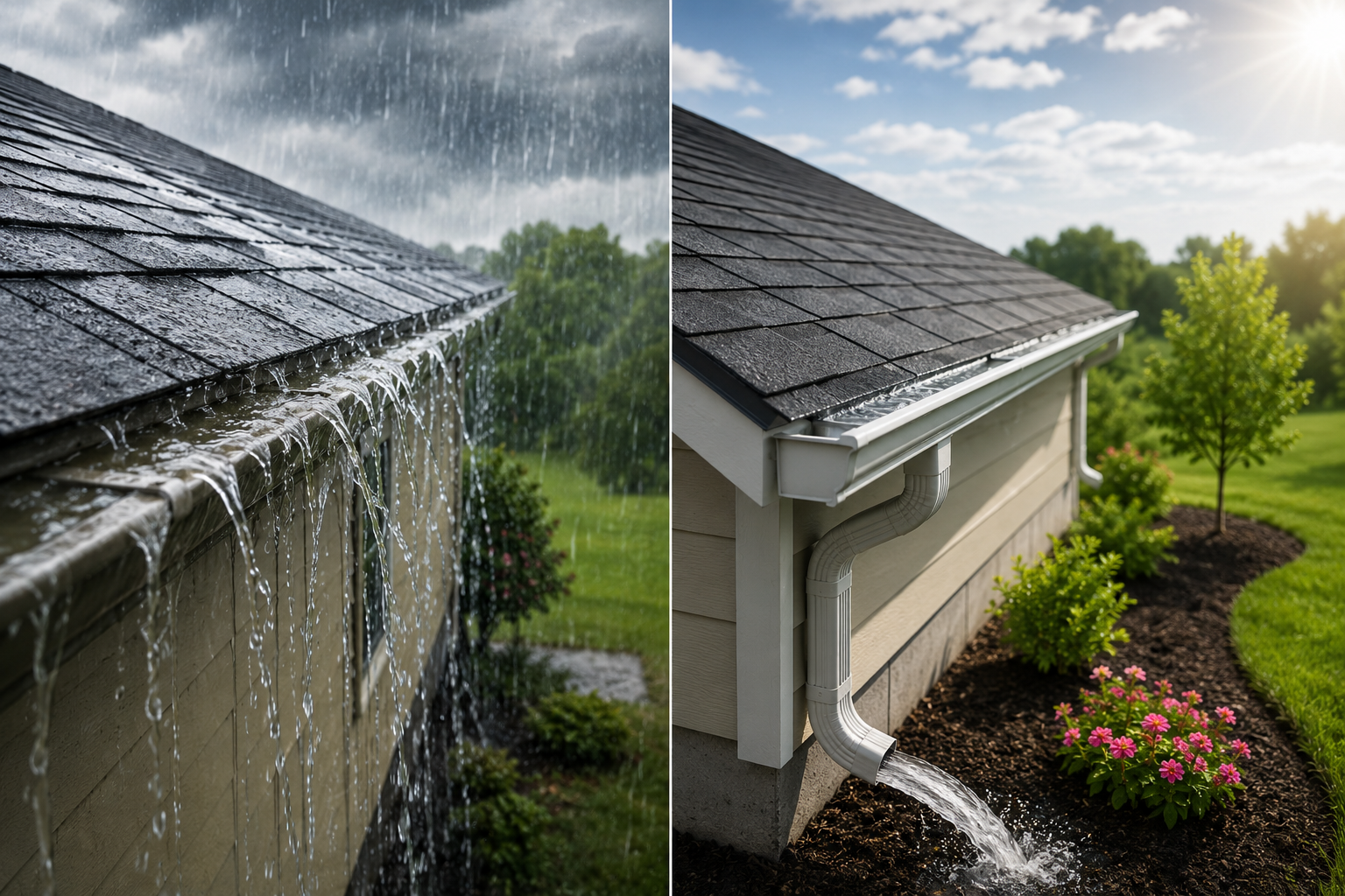 Roof drainage comparison showing water overflowing from clogged gutters versus water flowing safely through a downspout