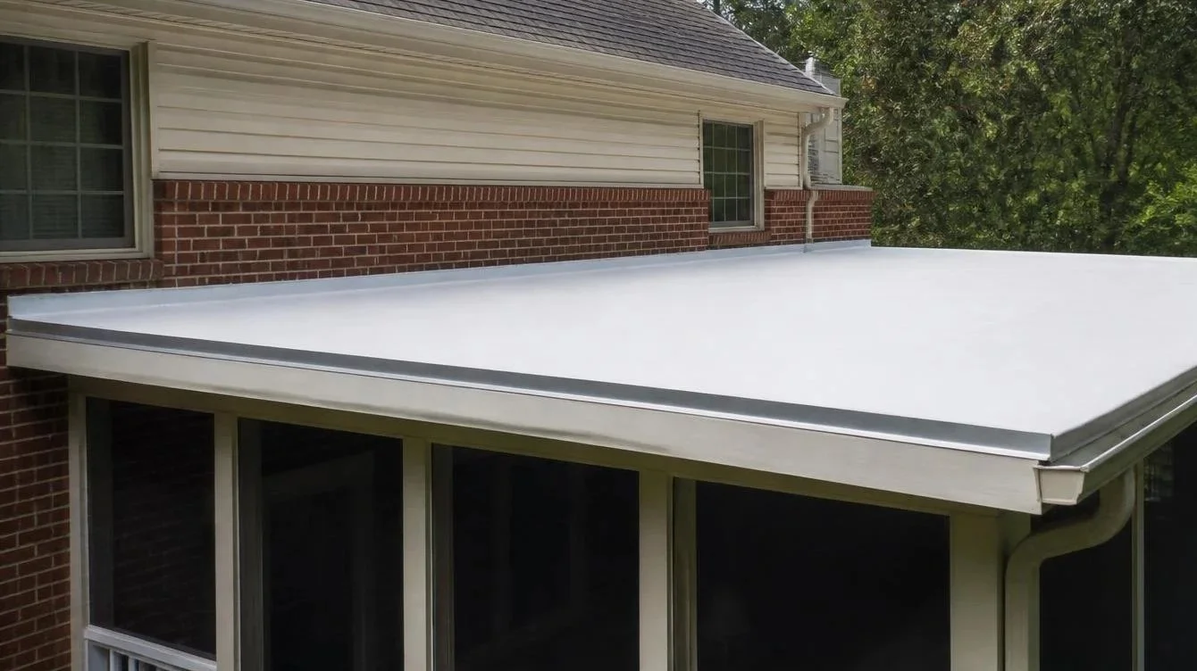 A white membrane flat roof over a screened-in porch on a Maryland home.