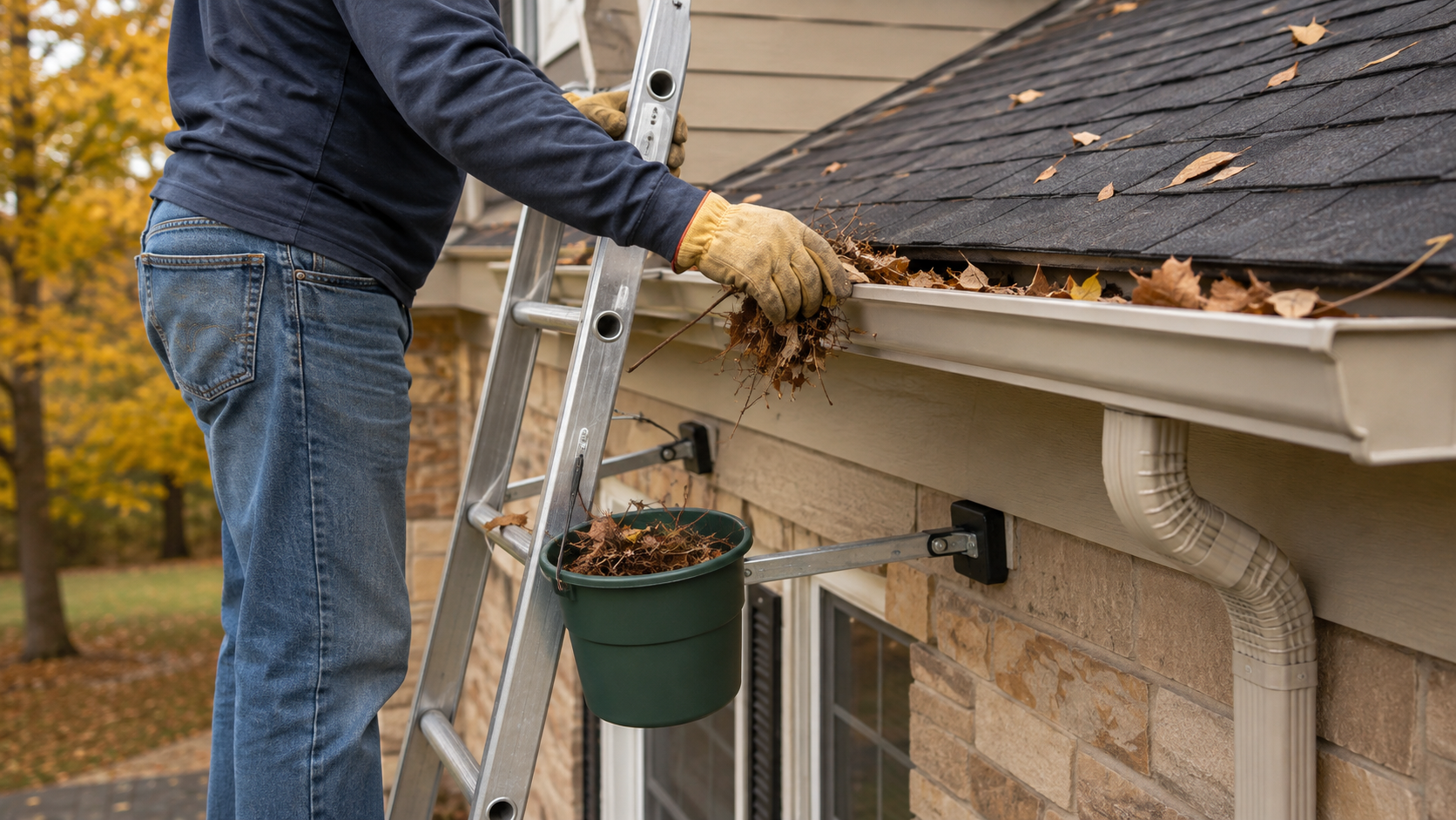 Homeowner safely cleaning leaves and debris from a residential roof gutter.