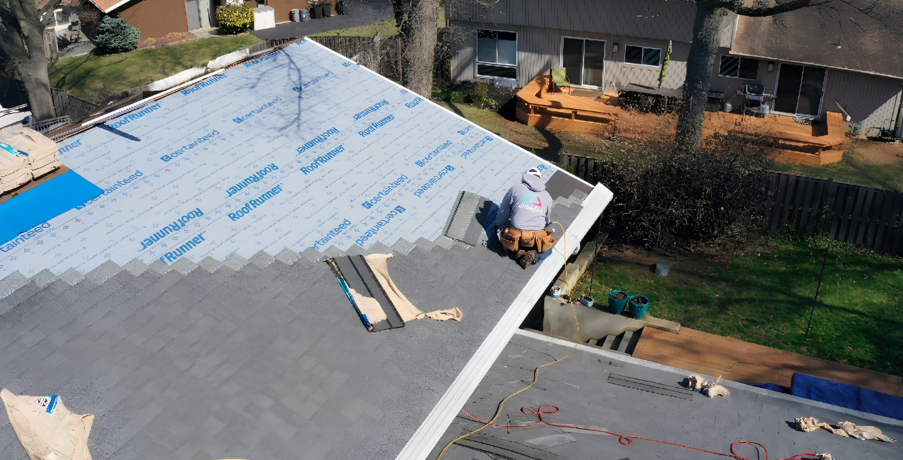 Professional DMV roofer installing asphalt shingles over synthetic roof underlayment.