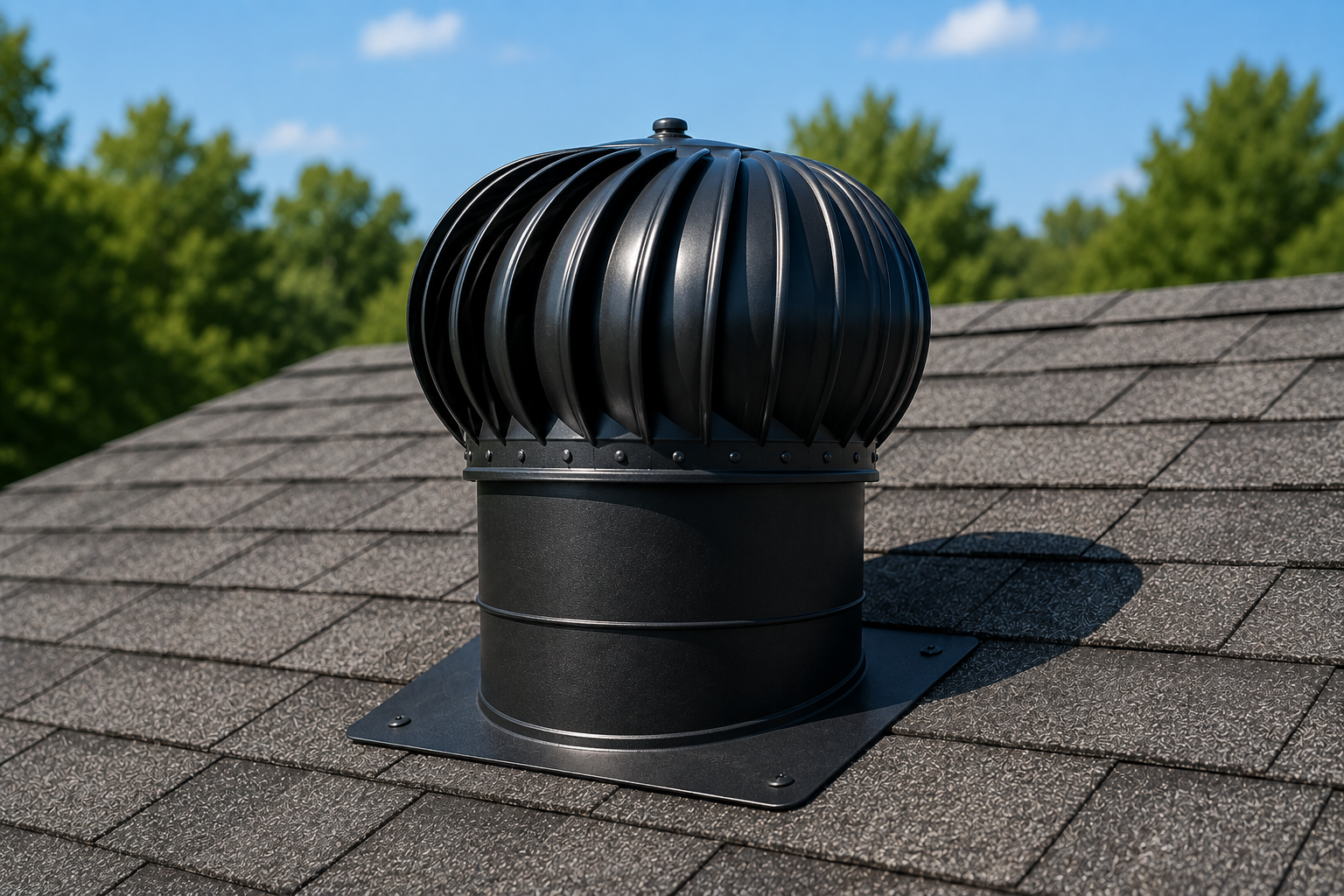 Turbine roof vent mounted on a residential asphalt shingle roof.