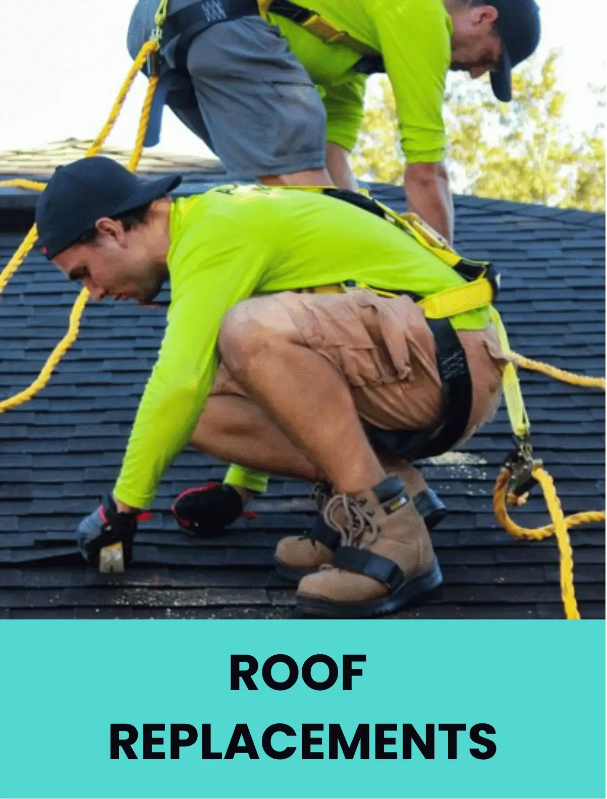 Da' Roofers team wearing safety harnesses installing new roof shingles