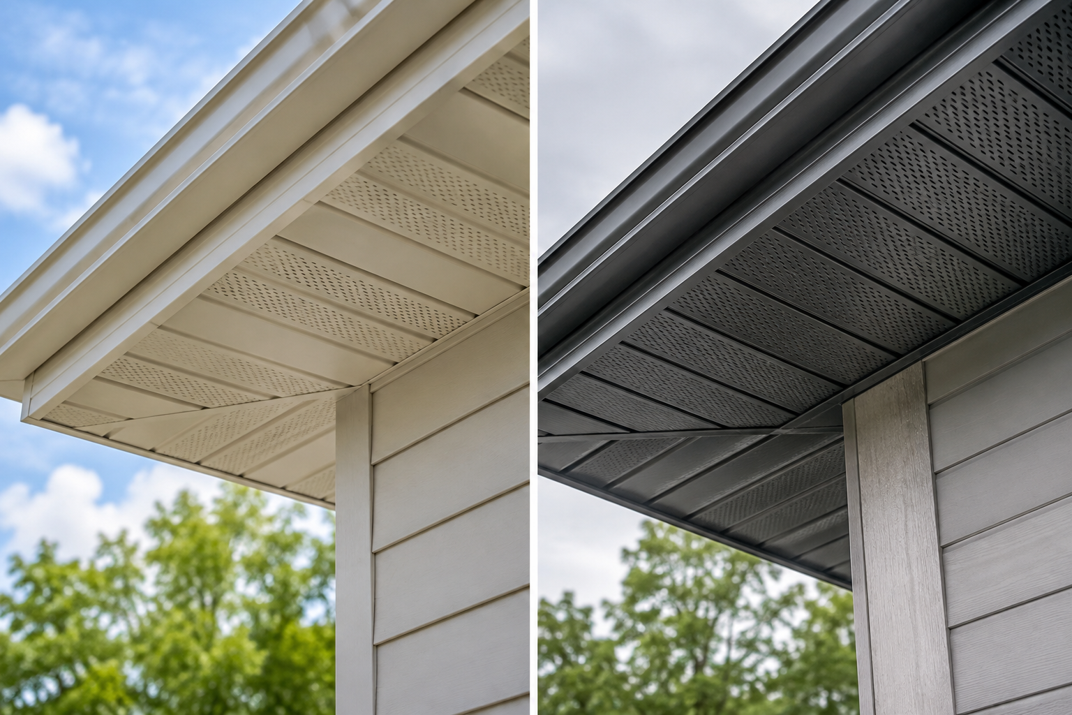ide-by-side comparison of white vinyl soffits and dark aluminum soffits with ventilated panels under residential roof eaves.