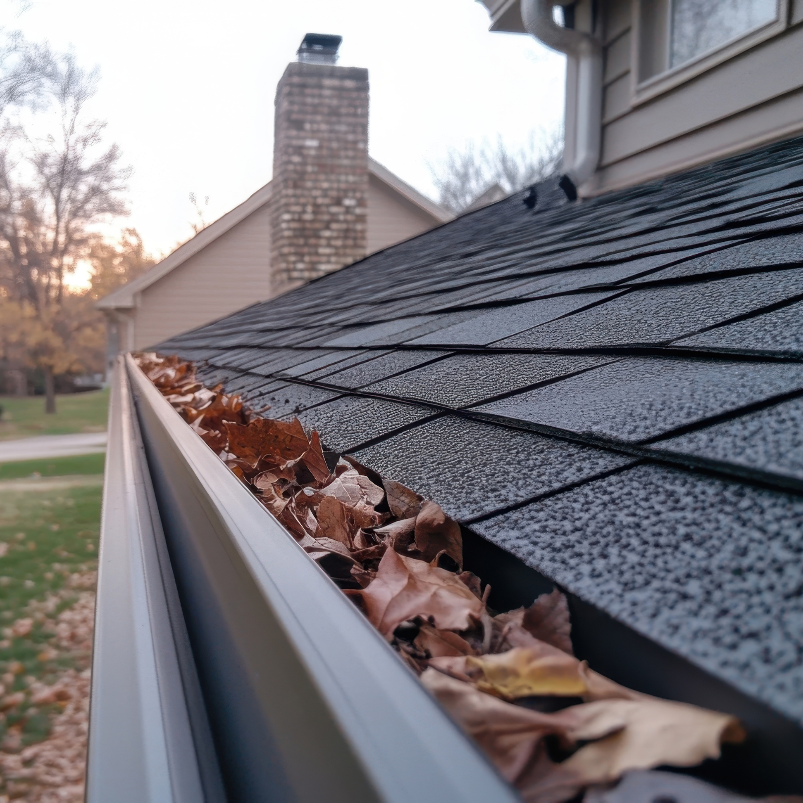 Roof gutters clogged with leaves and debris