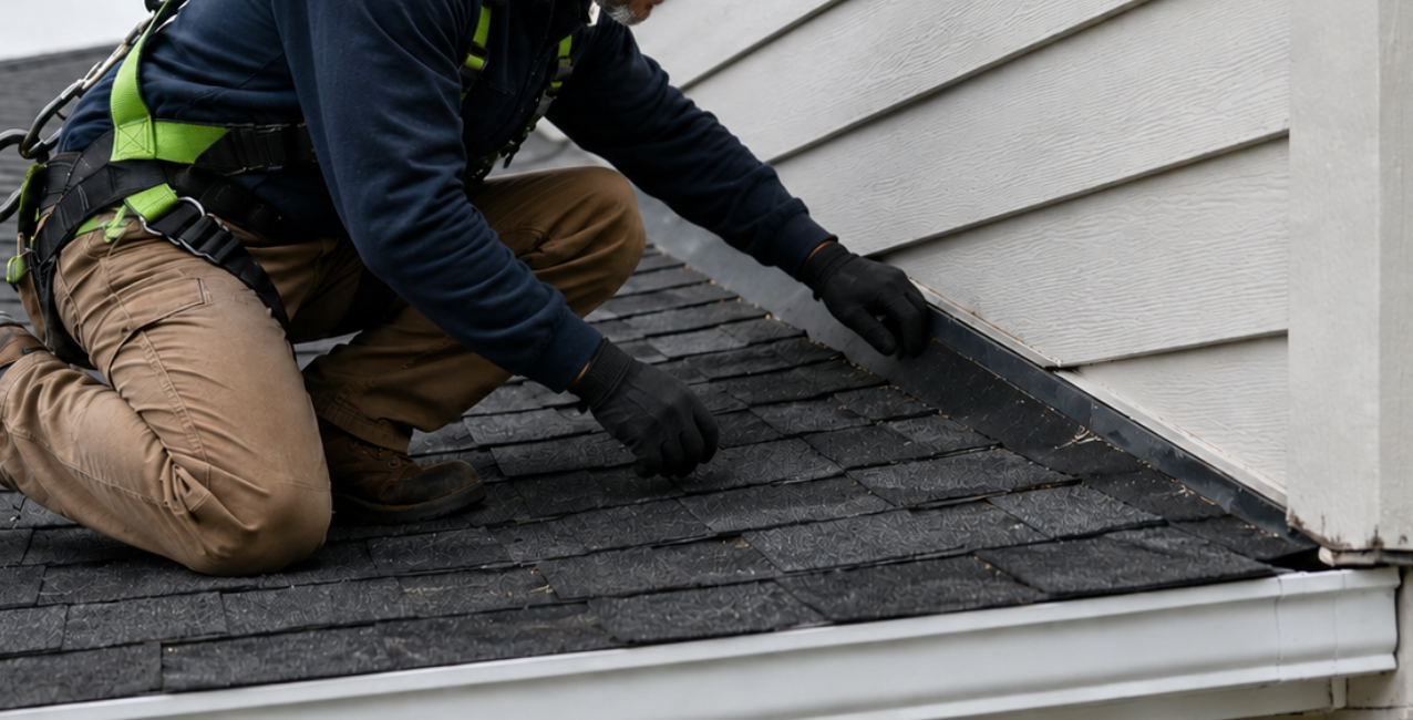 Roof maintenance professional checking wall flashing for signs of damage or leaks.