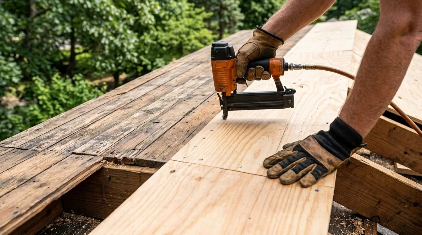 Roofer nailing a new sheet of plywood roof decking next to older plank boards during a Maryland roof replacement.