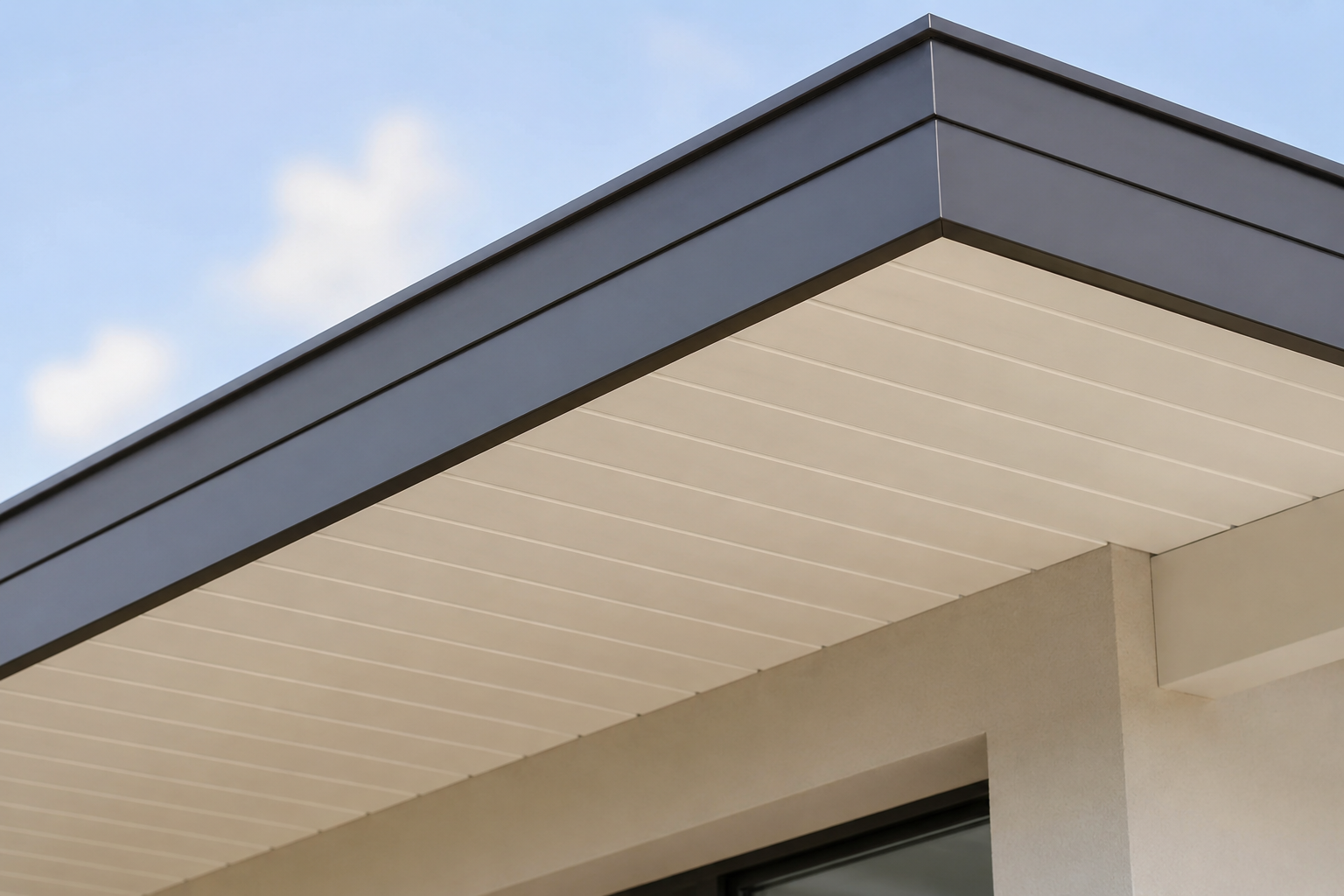 Professionally finished soffit and fascia on a modern residential roofline.