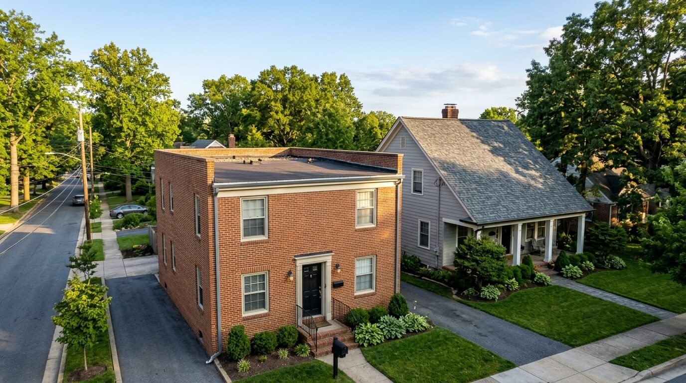 Brick townhome with a flat roof next to a house with a sloped gray shingle roof on a Maryland street.