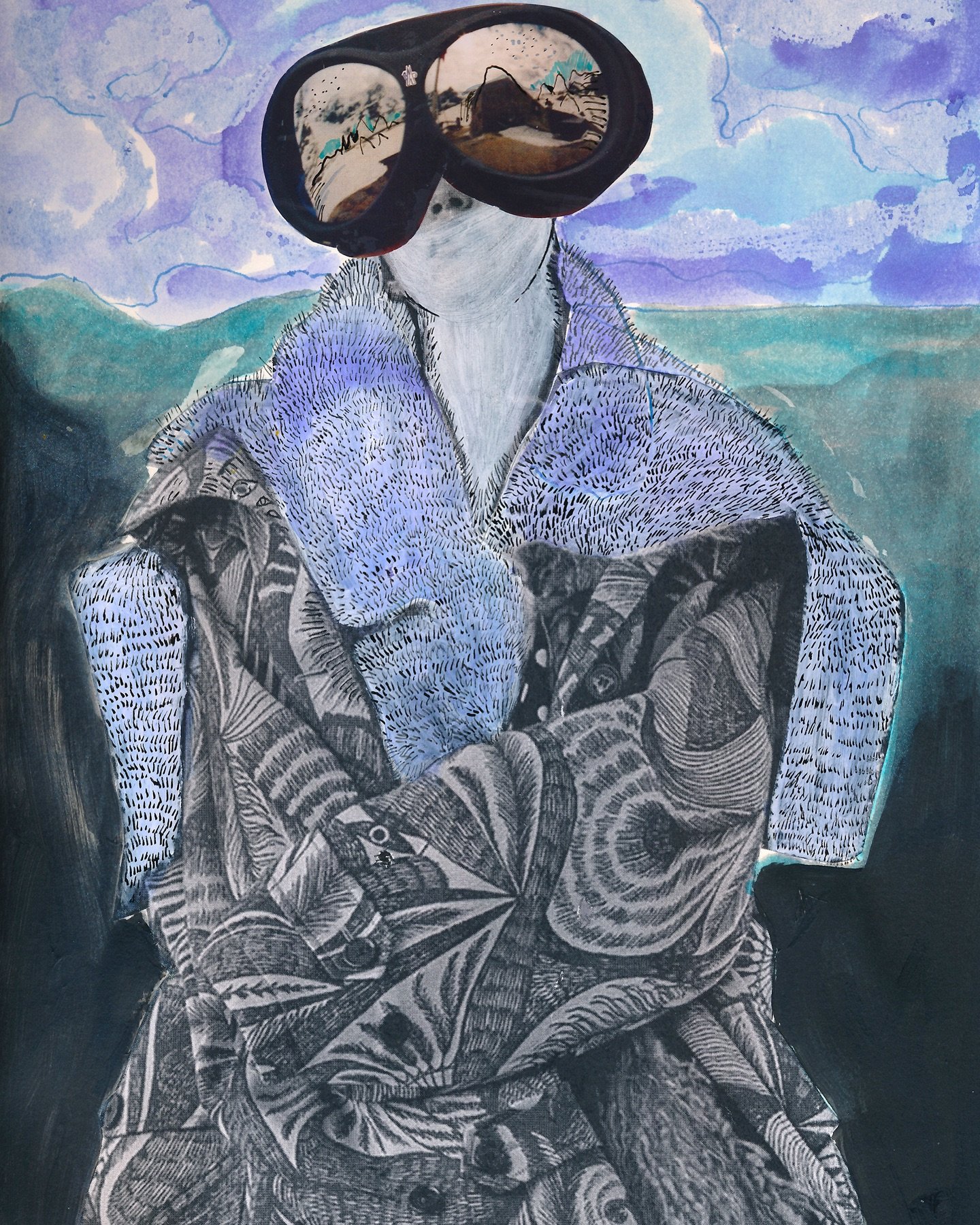Sunday dabbling with #composition using #collage #driesvannoten #coat ALIEN drop out of the clouds #thenational #firsttwopagesoffrankenstein still #watercolor &amp; collage #sketchbook #cateparr