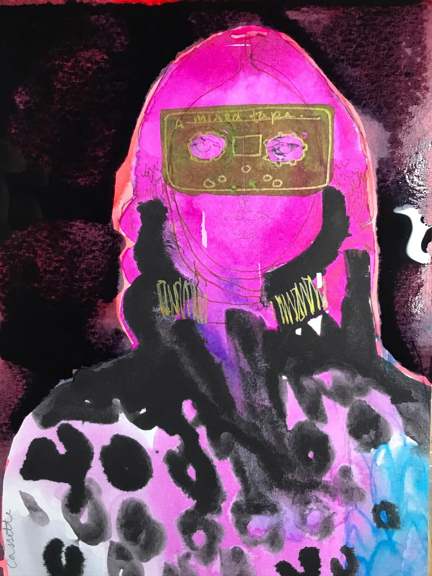 Mixed Tape #inksketch #dryingwatercolor #inkonpaper #watercolorportrait #cateparr #inkillustration #fashionisart #cassettetape  #fashionillustration #fashioneyewear