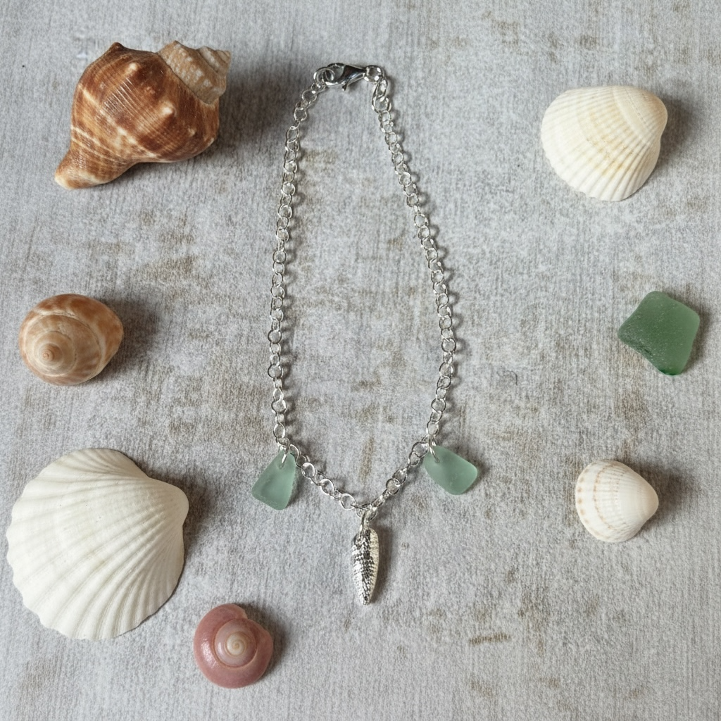 Sterling & Fine Silver Shell & Seaglass Charm Bracelet