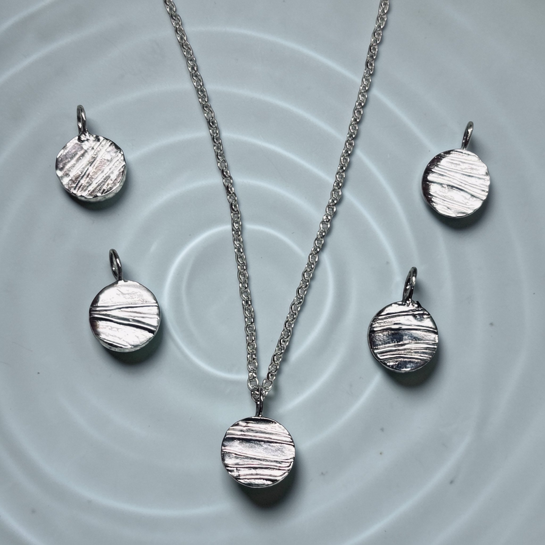 Fine Silver Ripple Disc Pendant Necklaces