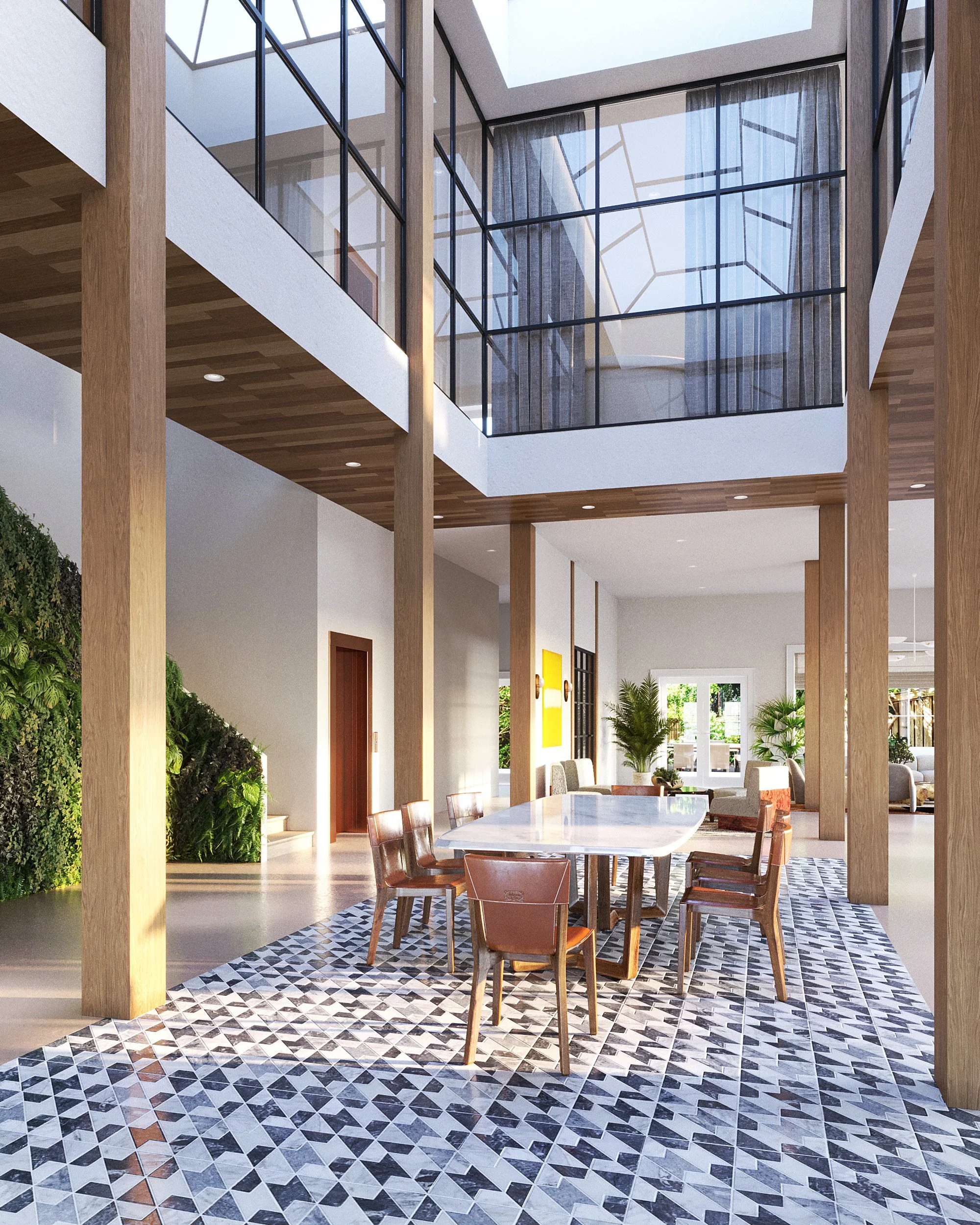 Spectacular atrium dining area within the 79th Street Townhouse in NYC, designed by Janoura Schneider Interiors. This space features towering wooden beams and expansive glass panels that flood the area with natural light, highlighting the intricate g
