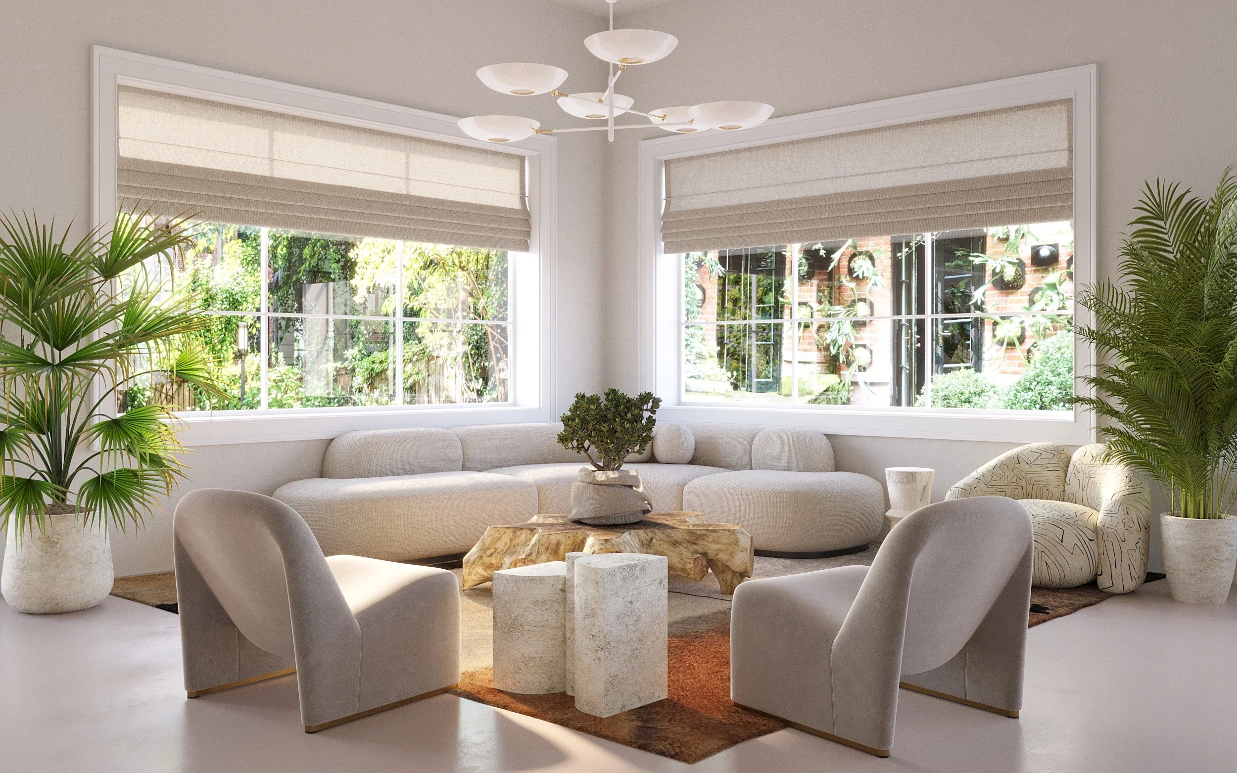 Bright and inviting lounge area at the 79th Street Townhouse in NYC, designed by Janoura Schneider Interiors. Features plush, contemporary seating, unique natural stone coffee tables, and vibrant indoor greenery, set against large sunlit windows. The