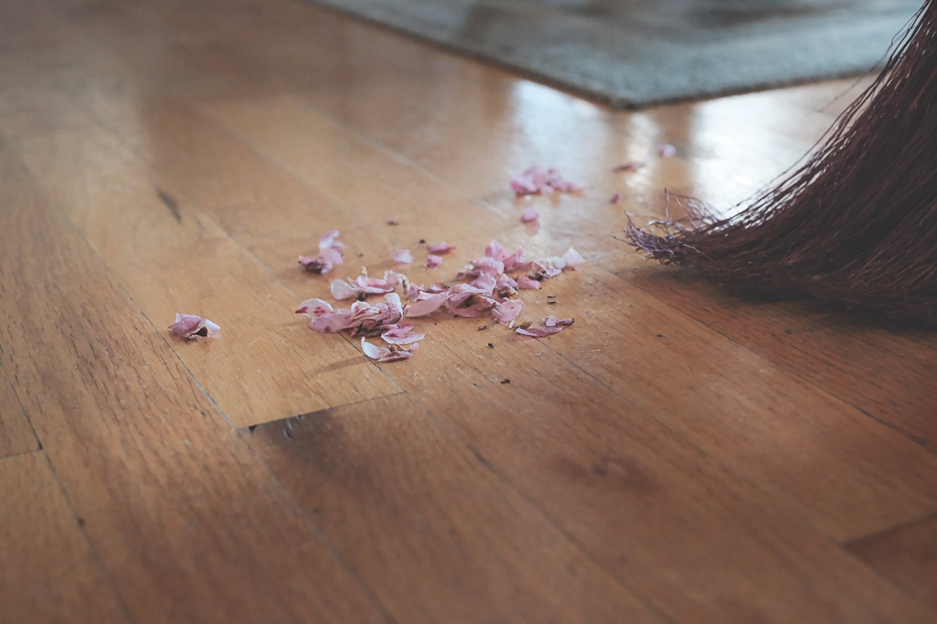 broom and flower petals on wood floor