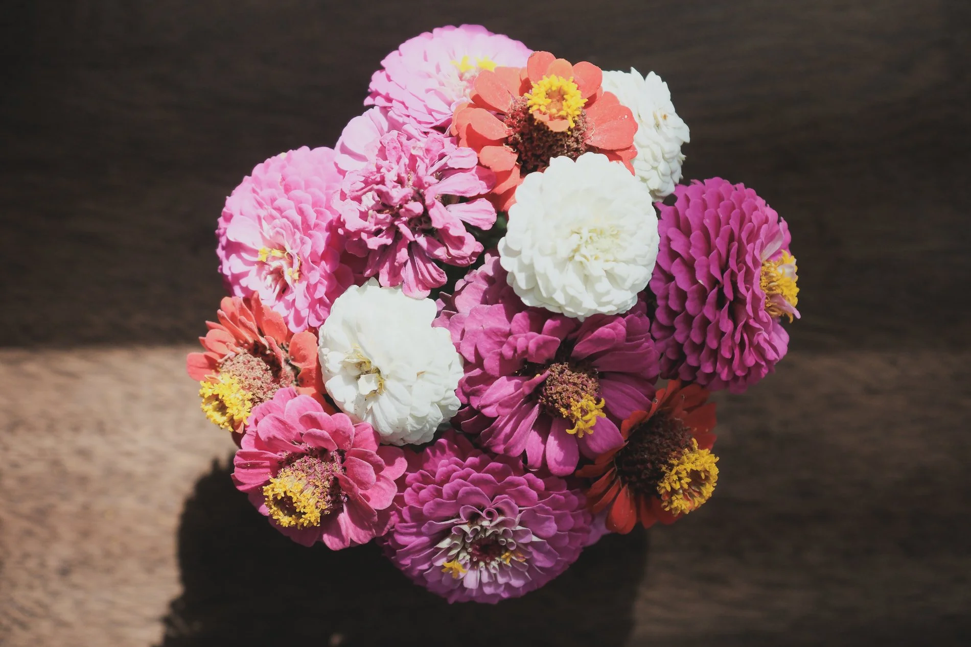 pink white orange zinnia bouquet on wood surface