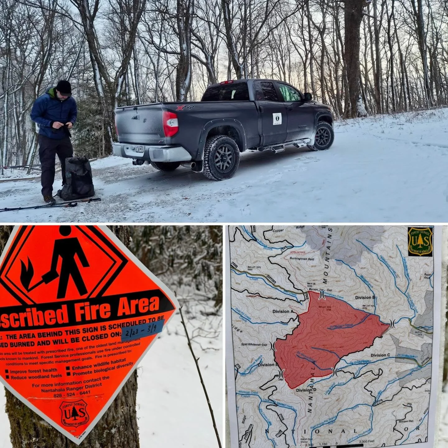 Update re: controlled burn impacting AT miles 121.9 to 123.4 from 2/23 to 3/9

Bluebs is a certified wildland firefighter. He dropped one of our hikers off at Burningtown Gap at 7:11 this morning (2/23).

&ldquo;11 degrees up here, full of snow. No o