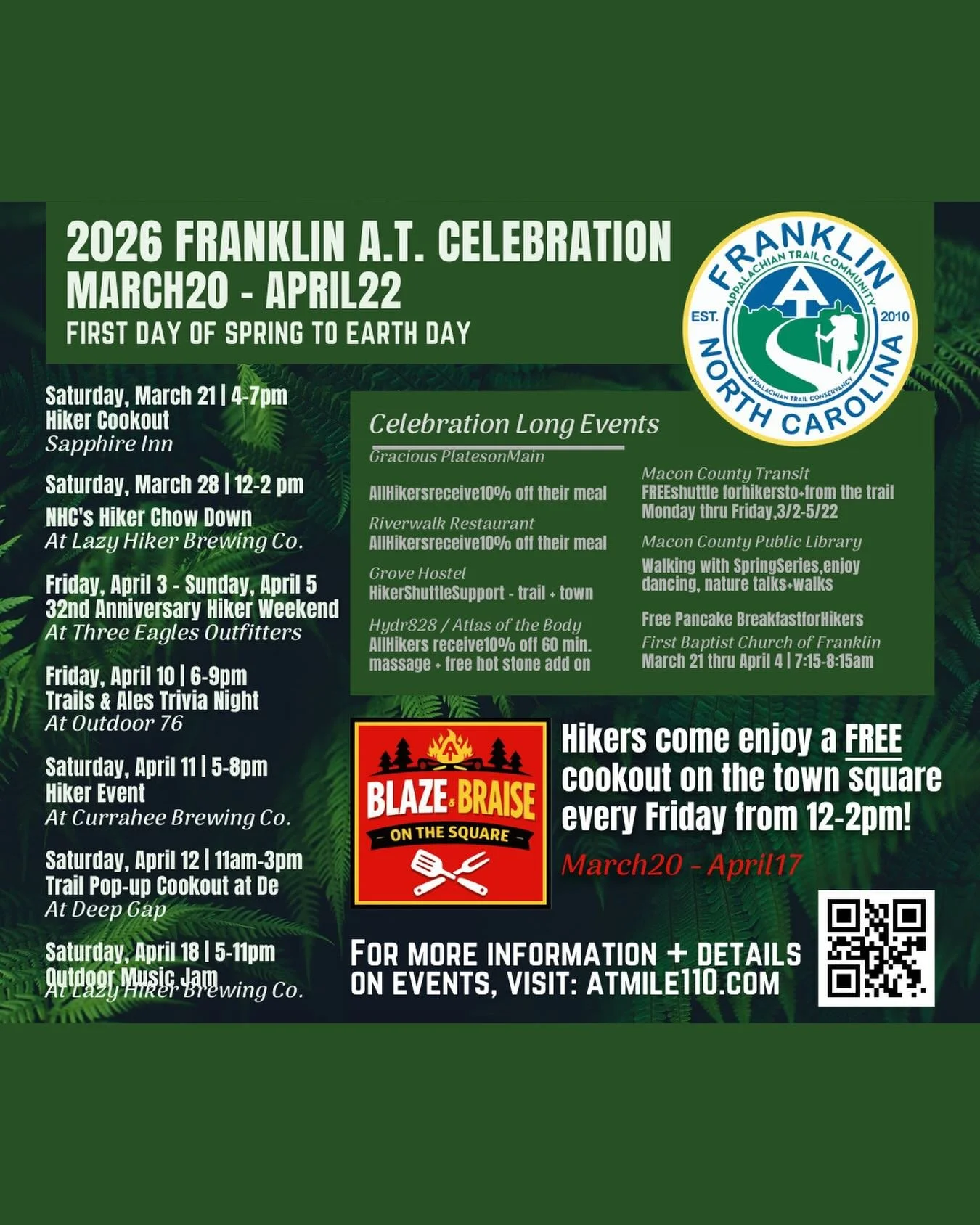 Don&rsquo;t Miss One of the Most Festive Stretches of the AT! 

From the first day of spring through Earth Day, Franklin, NC annually hosts a multi‑week celebration of the Appalachian Trail and its hikers. 

Local businesses put on a series of events