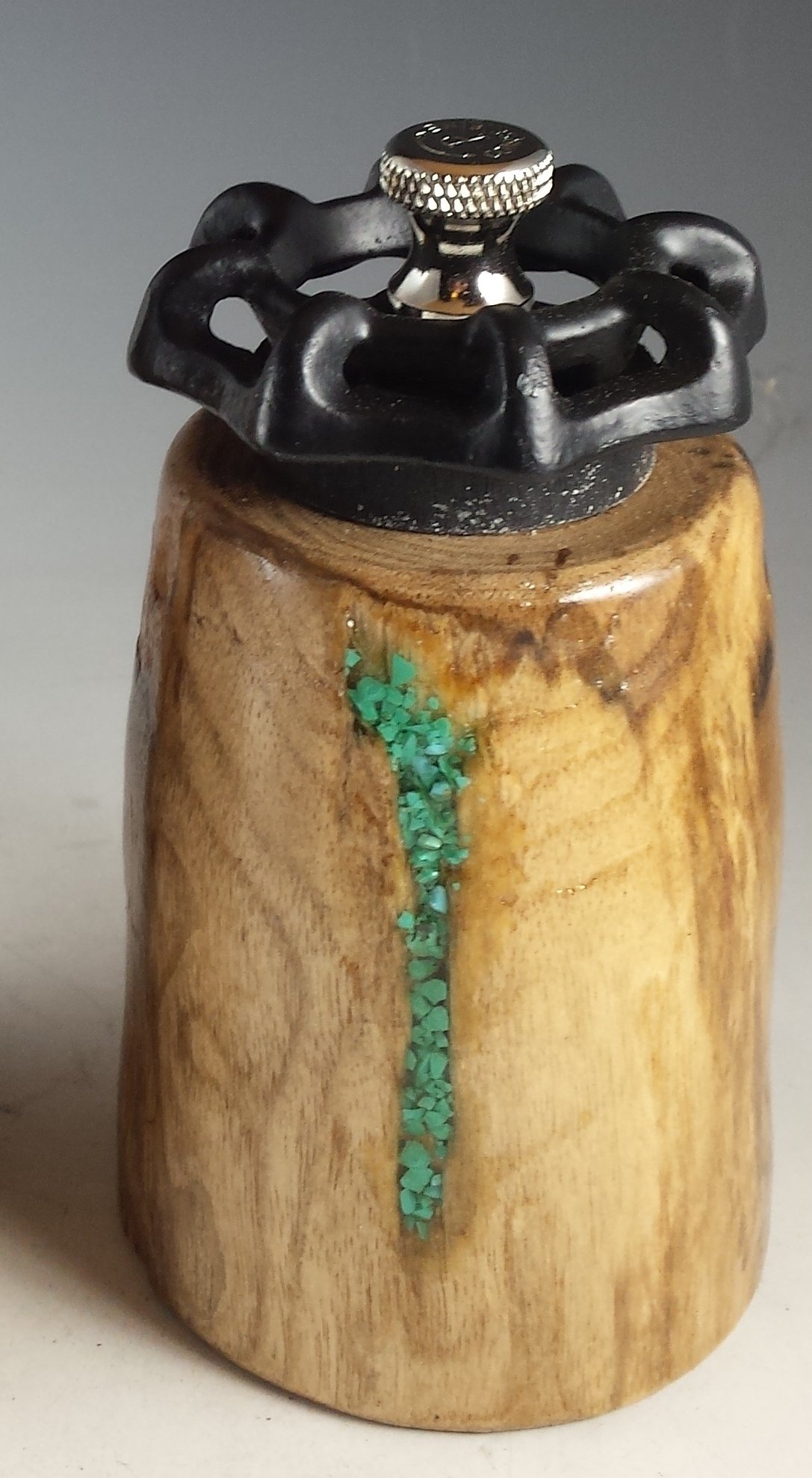 #1697 Valve Top Butternut Turquoise Pepper Mill.jpg