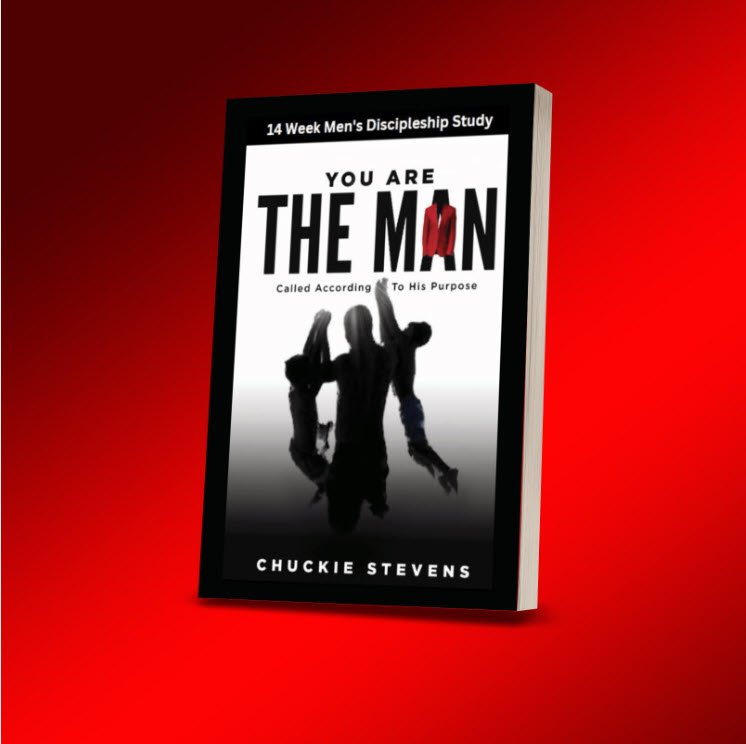Book cover titled '14 Week Men's Discipleship Study' with the headline 'You Are The Man' and a silhouette of a man carrying a child, and the author Chuckie Stevens.