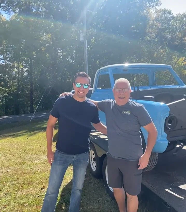 Fresh blue paint on Ole Blue's cab