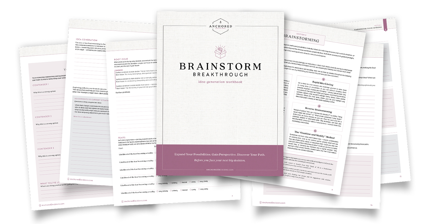 Brainstorming workbook for coming up with fresh ideas when you're stuck on what path to take