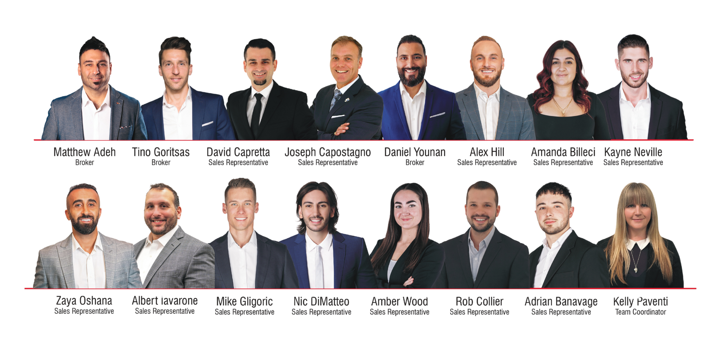 Group of professionals in formal attire, arranged in two rows, with men and women smiling at the camera. The top row features eight men, and the bottom row features six men and two women, all labeled with their names and roles.