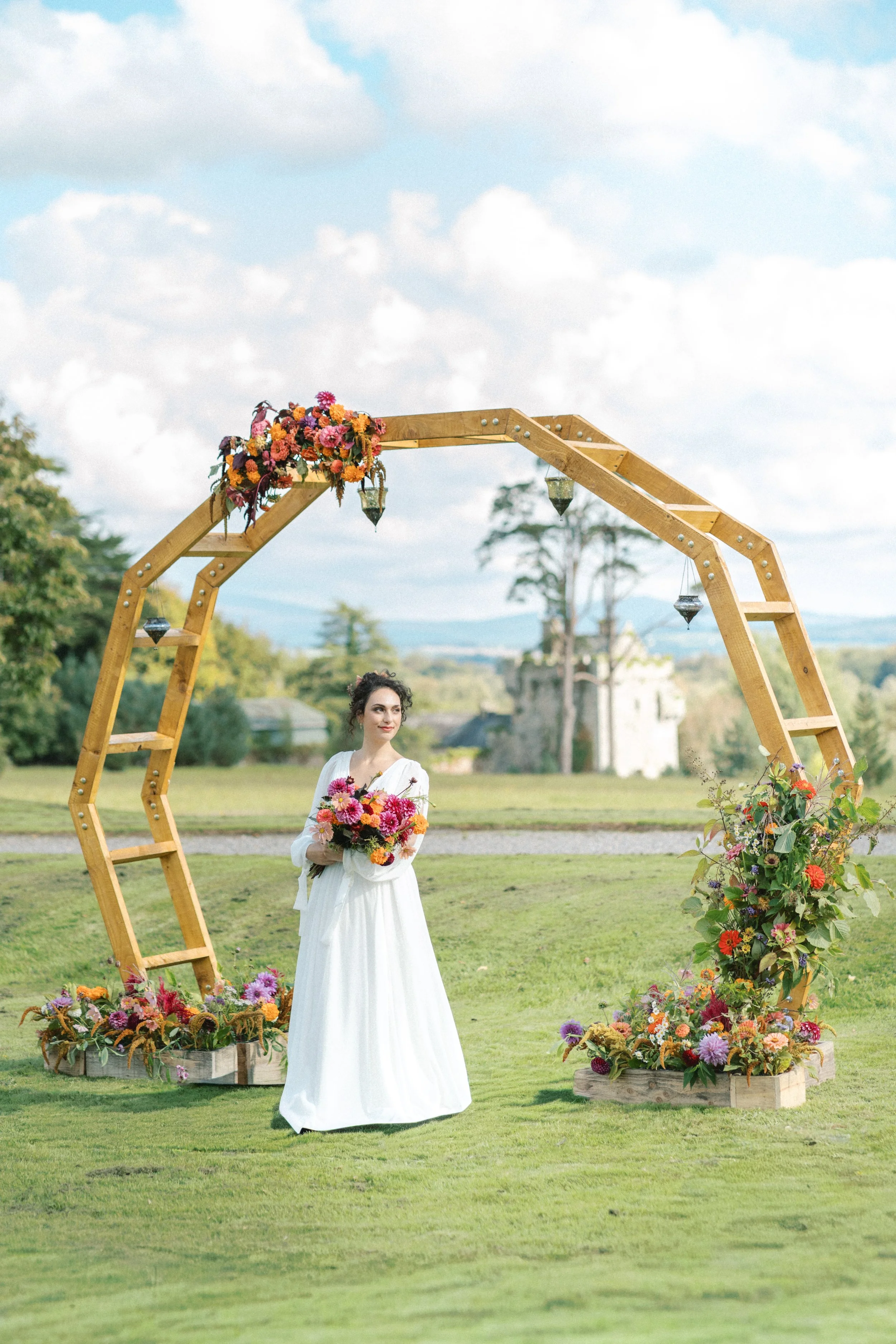 Romantic moongate for a Clonmel wedding ceremony, designed with wild and seasonal Irish blooms