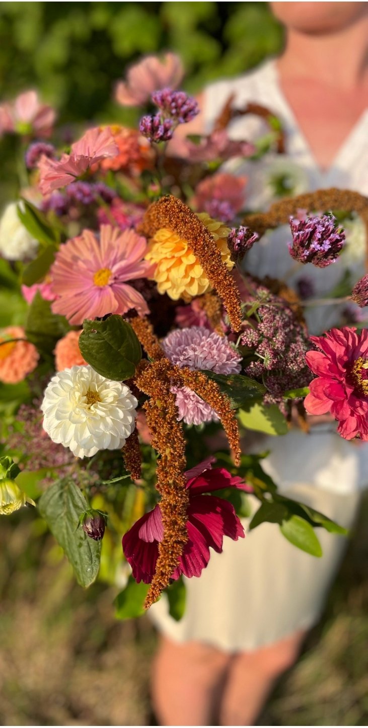 Romantic wild Irish-grown bridal bouquet with trailing ribbons in Waterford