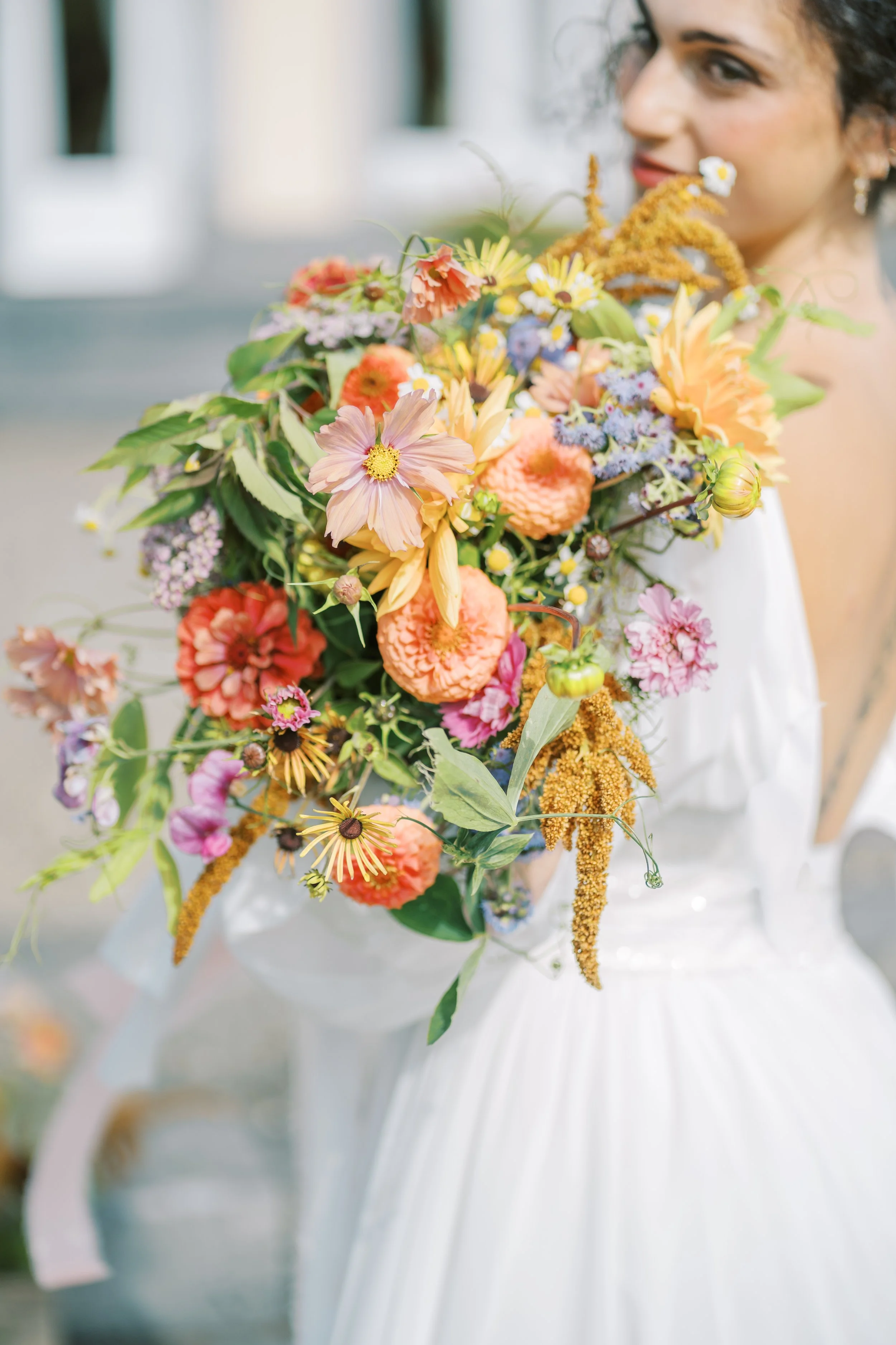 Irish seasonal wedding bouquet summer with zinnia dahlias daisies amaranth sweetpea