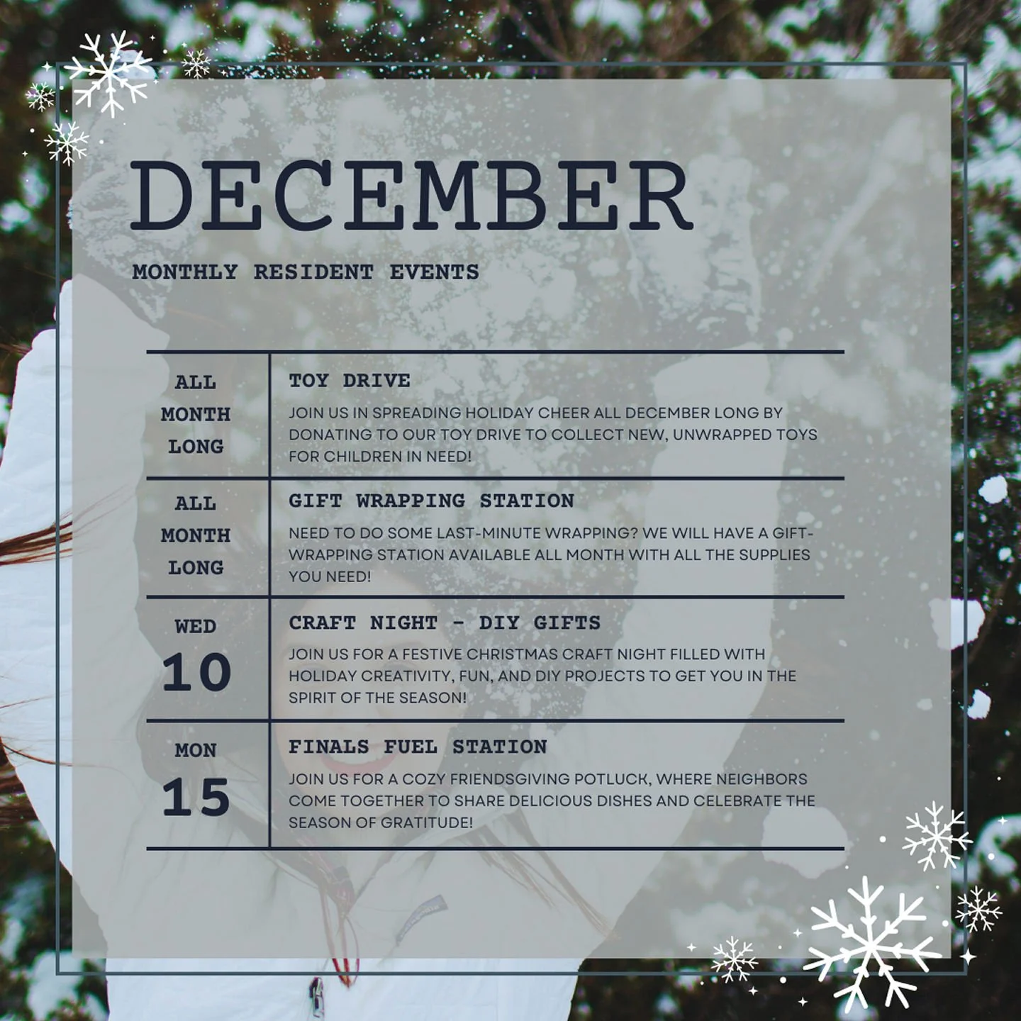 December events are officially here! ❄️✨We can&rsquo;t wait to celebrate the season with you. #communityevents #livewhereyoulove #studentliving