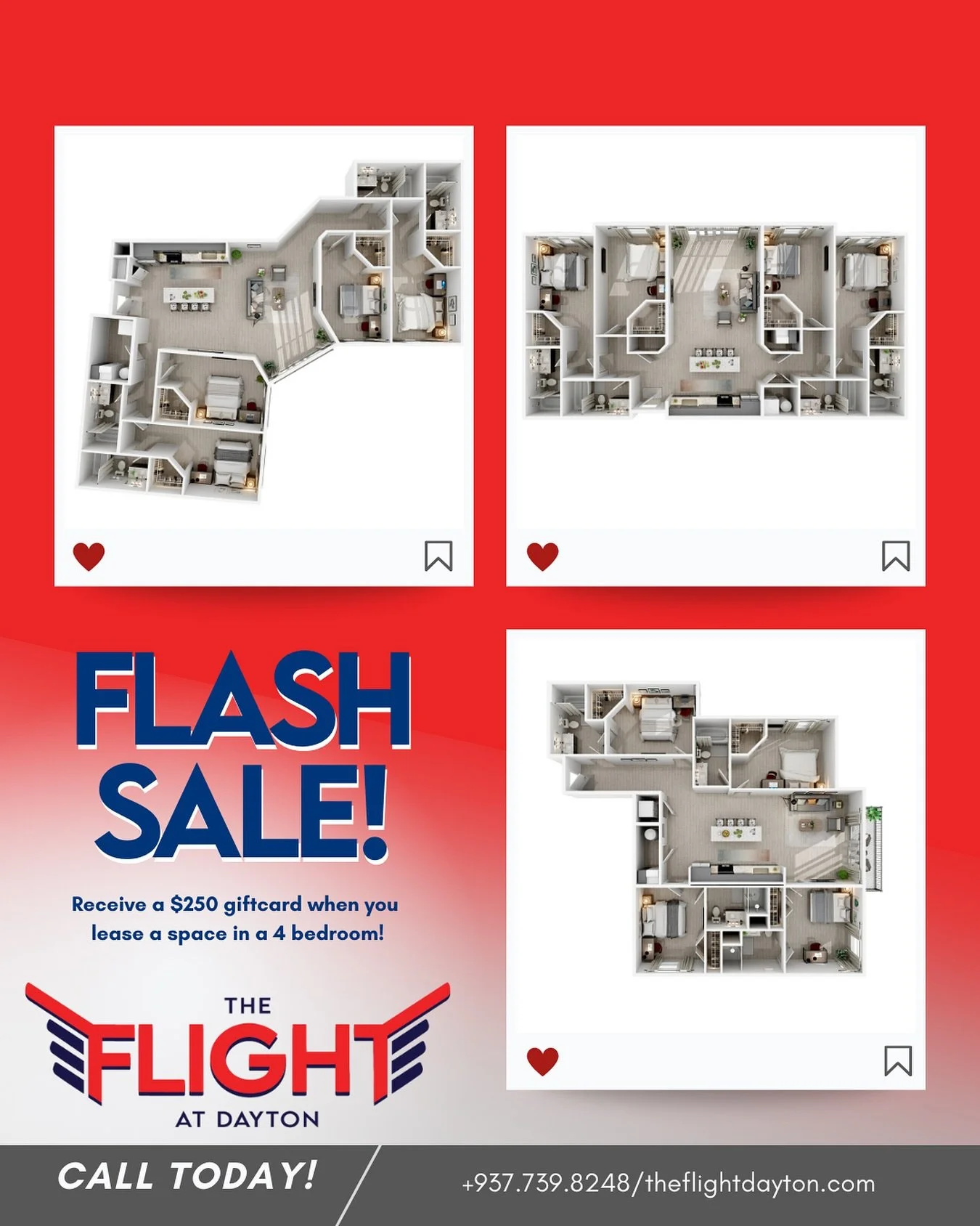 ✨FLASH SALE ALERT ✨

Snag the space, score the perks! 🔥 
Lease a spot in our 4-bedroom this August and get a $250 gift card on us! Move fast, this deal won&rsquo;t last! ✈️

#udayton #daytonliving #theflight #daytonohio