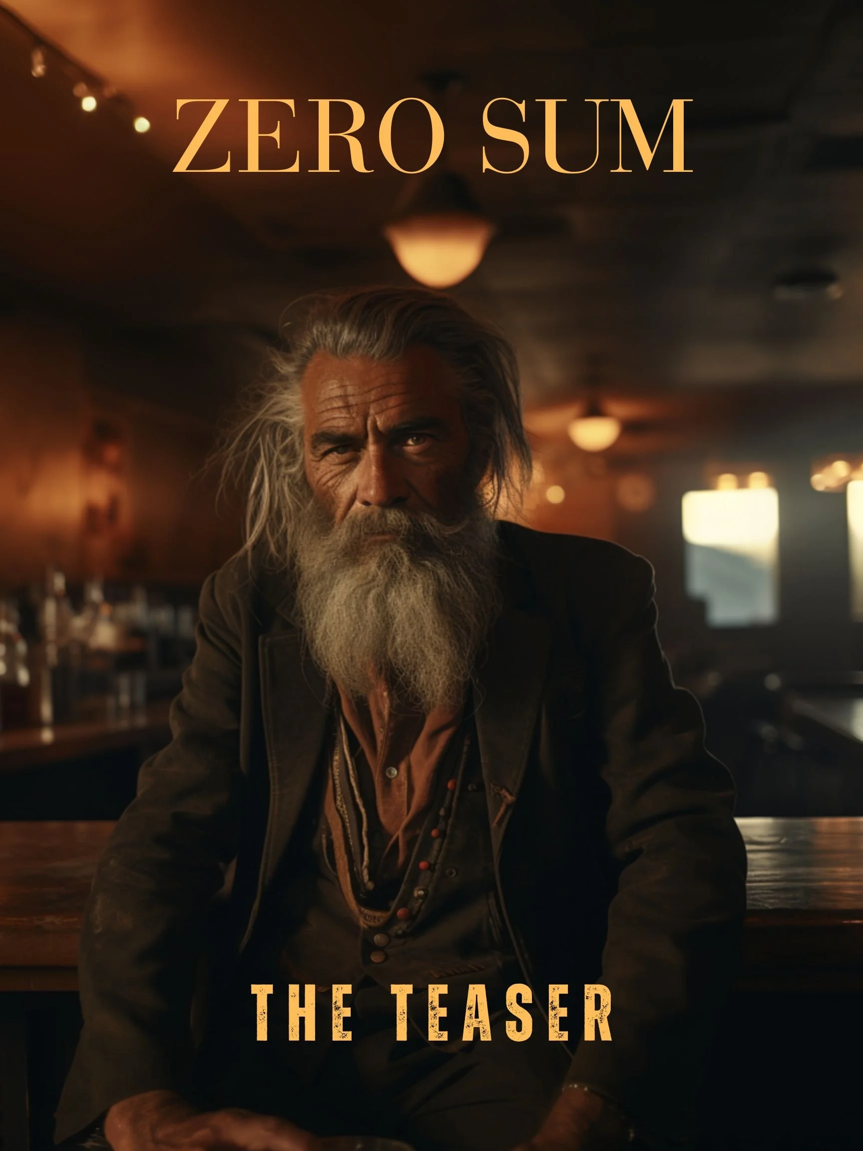 A bearded man with gray hair in a dimly lit bar or restaurant, sitting at the counter, with the text "Zero Sum" above his head and "The Teaser" below. The lighting is warm with some hanging lights in the background.