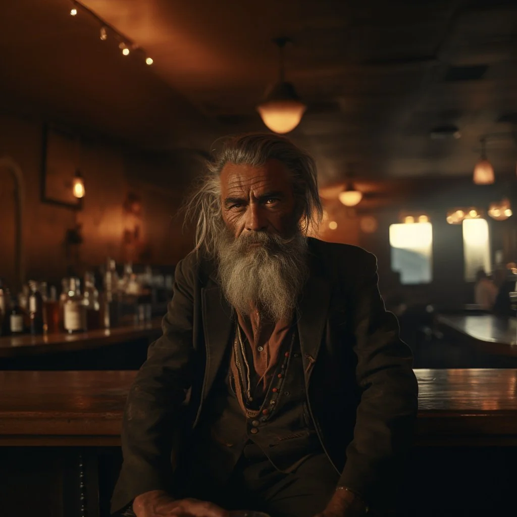 An elderly man with a long gray beard and hair sitting at a bar with a serious expression, dim lighting, and wooden interior.