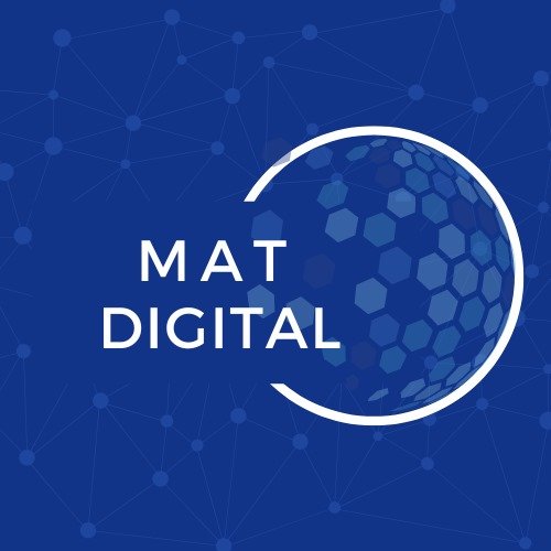MAT Digital logo featuring hexagonal pattern and network lines on a blue background.