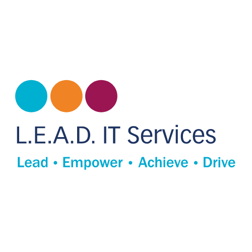 Logo for L.E.A.D. IT Services with three colored circles and the tagline 'Lead, Empower, Achieve, Drive'.