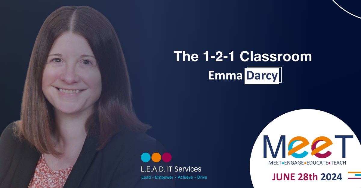 A woman with shoulder-length brown hair smiling wearing a black blazer and patterned top, with a dark blue background featuring the text 'The 1-2-1 Classroom Emma Darcy' and various logos and event details for MEET on June 28th, 2024.