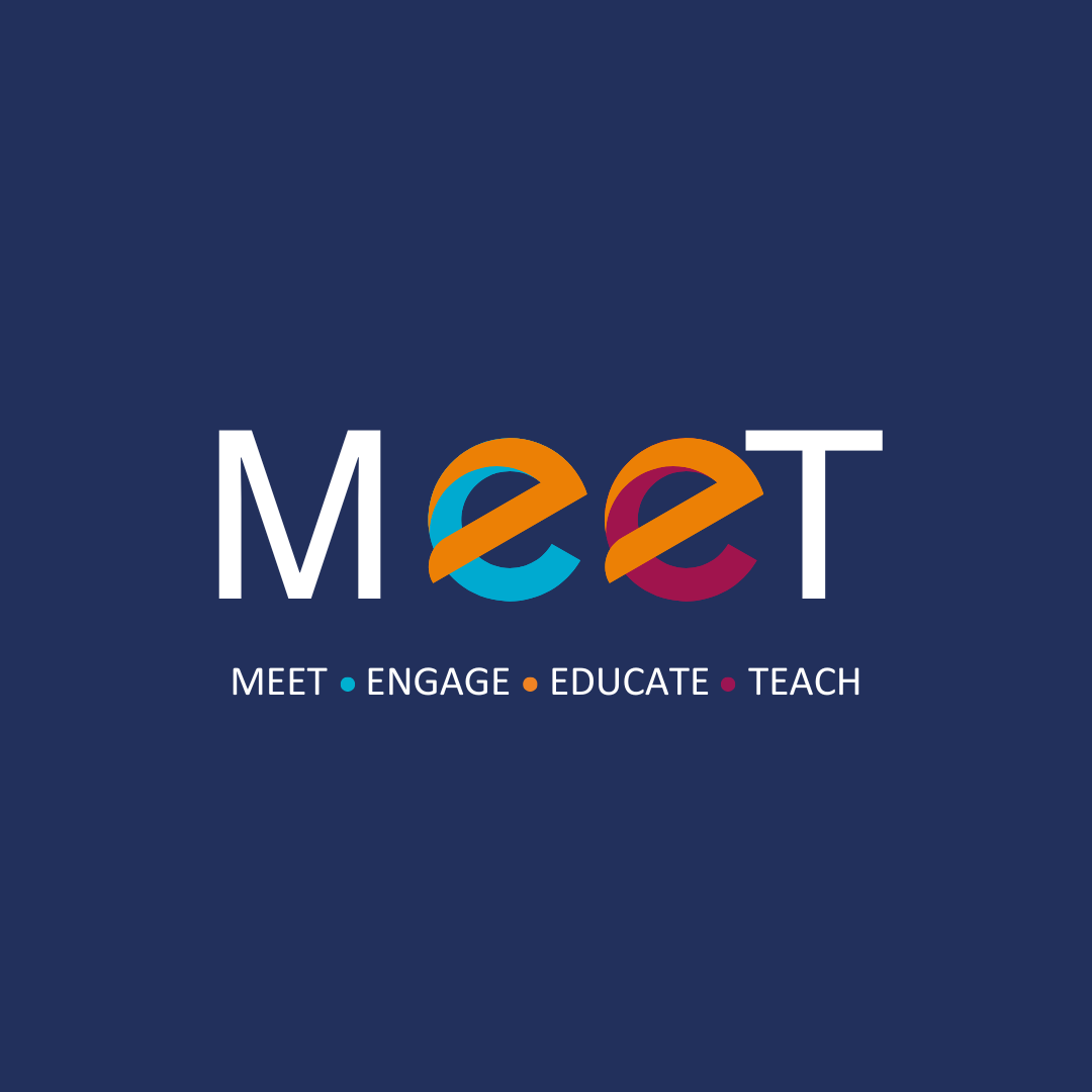 Logo for MEET with the words MEET, ENGAGE, EDUCATE, TEACH underneath, and the graphic design of the word MEET with stylized interlocking e's in blue, orange, and red colors.
