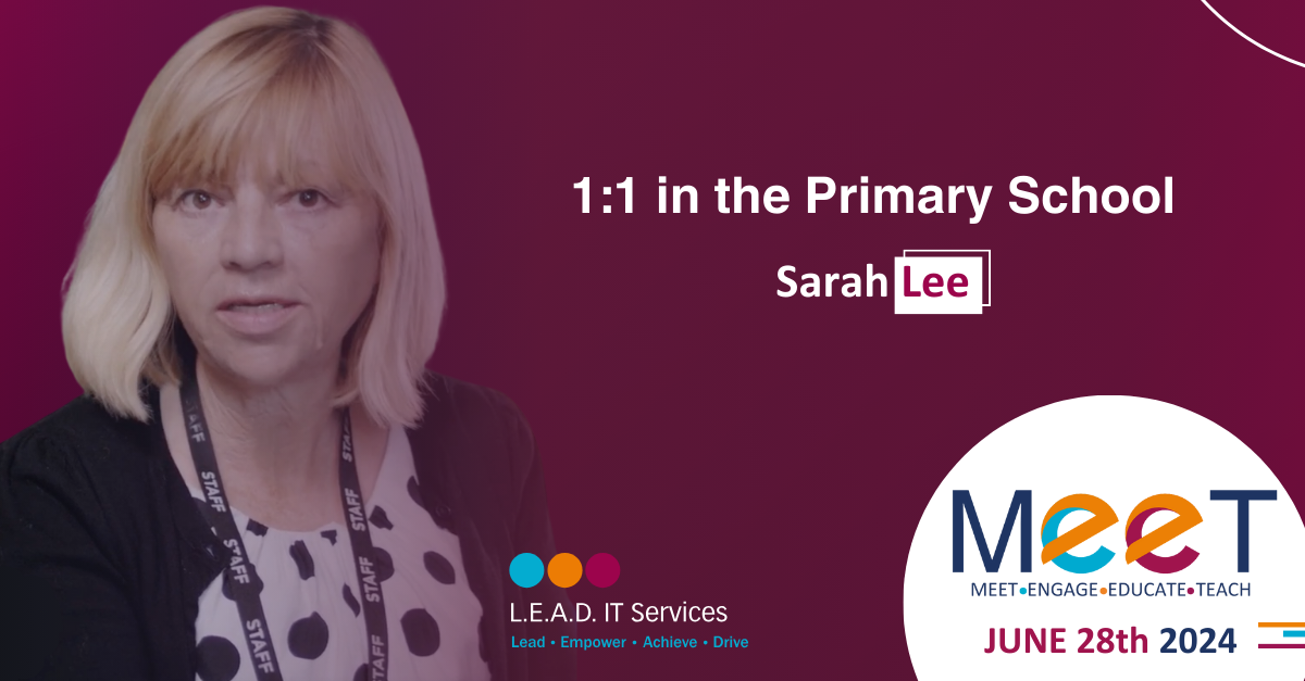 A woman with blonde hair wearing a black jacket and polka-dot top, speaking at an event called MEET on June 28th, 2024, related to primary school education.