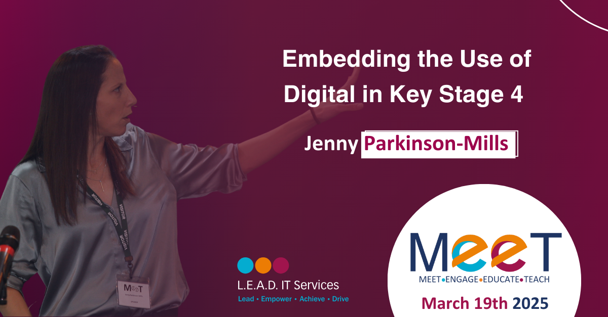 A woman in a silver blouse standing in front of a presentation slide at a conference, pointing towards the slide which displays the title 'Embedding the Use of Digital in Key Stage 4' and the name Jenny Parkinson-Mills. The slide includes the conference logo and date, March 19th, 2025, organized by L.E.A.D. IT Services.